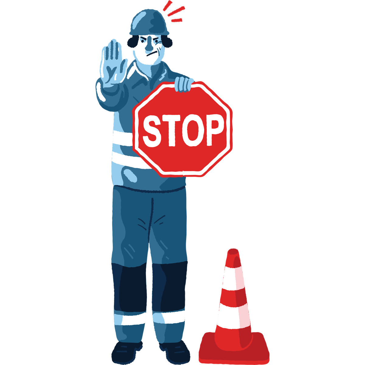 Construction worker holding stop sign, site safety illustrazione in stile Cherry scarica in PNG, SVG