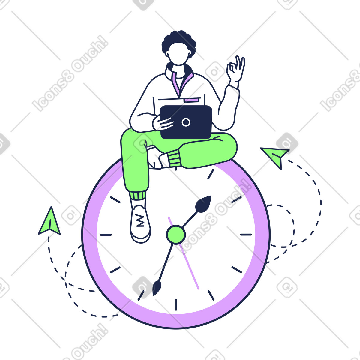 Иллюстрация Person with laptop sitting on large clock, Time management and productivity в стиле Outline — скачать в форматах PNG, SVG