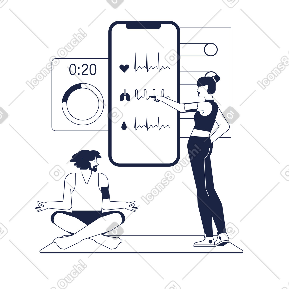 Urban Line スタイルの Yoga session with wearable trackers and app dashboard, Fitness analysis personal training のイラストをPNG、SVG形式でダウンロード