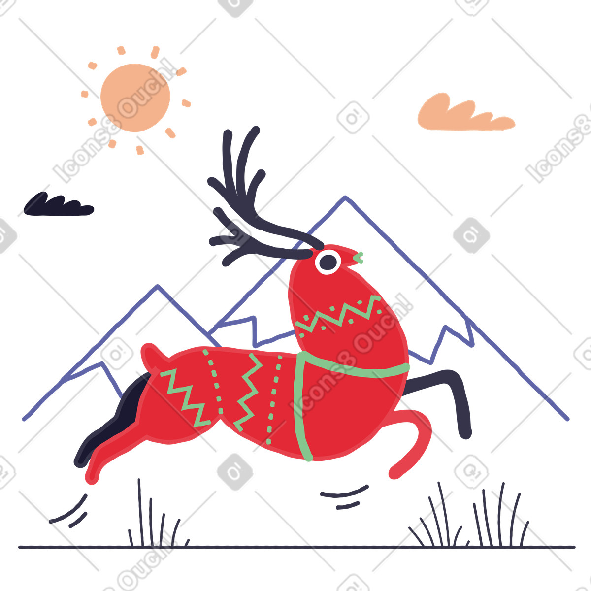 下载 Stripy 风格的 驯鹿在山间奔跑 插画，支持 PNG、SVG 格式