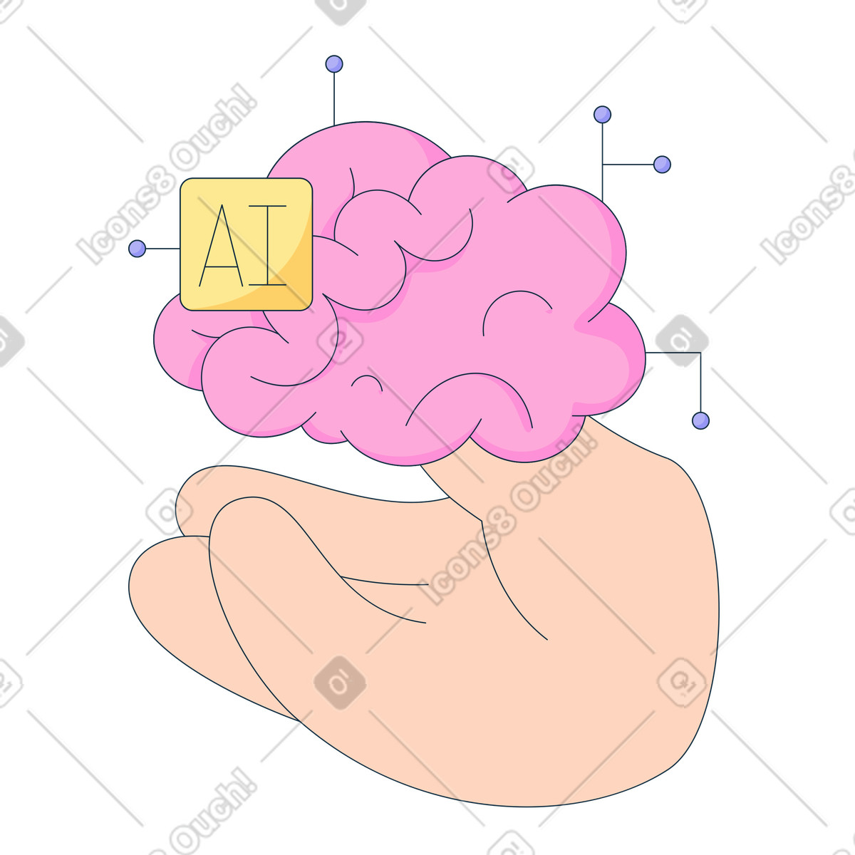 Künstliche intelligenz gehirn in der hand-Illustration im Bubble gum-Stil als Download PNG, SVG