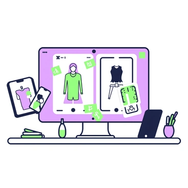 A digital interface featuring an app on a screen, showcasing a collaborative workspace. On the screen, there are multiple fashion illustrations in progress, highlighting different styles and colors. Each illustration has annotations and notes in various sections, indicating contributions from different designers. Around the screen, there are tablets and smartphones displayed on a stylish desk, with sketching tools like pens and markers scattered nearby. The setting is well-lit, emphasizing a creative atmosphere for collaboration.