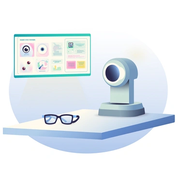 An advanced digital eye scanner is positioned on a sleek, modern table in a well-lit examination room. The eye scanner is featuring a futuristic design with illuminated screens displaying various visual tests. In front of the scanner, an AI system, represented as a holographic interface, is visually analyzing the results of a completed vision test. The AI's display shows detailed graphs and metrics related to eye health. On the table beside the scanner, there are two pairs of glasses, one with a black frame and another with a blue frame. A soft light illuminates the entire scene, highlighting the technology's precision.