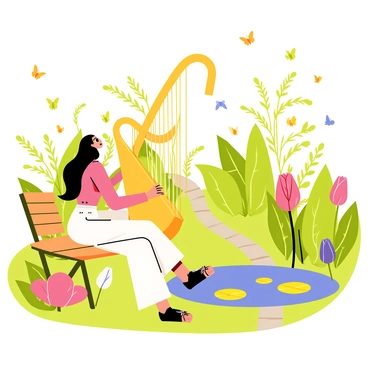 A harpist with long flowing hair sits on a wooden bench, playing a large golden harp. She is wearing a flowing white dress that cascades around her. The garden is filled with vibrant flowers in various shades of pink, yellow, and purple. Lush green foliage surrounds the harpist, and colorful butterflies flutter around her. A gentle breeze causes the leaves to rustle softly, creating a harmonious atmosphere. In the background, a small stone pathway winds through the garden, leading to a serene pond with lily pads floating on the surface.