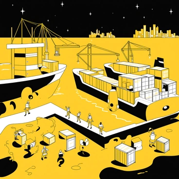 A seaport illuminated at night, with bright lights reflecting off the water. Several large ships are docked, with cargo containers being loaded onto one vessel and unloaded from another. Workers in safety gear are moving boxes and equipment along the docks. Cranes are positioned to lift cargo from the ships. The scene includes a clear view of the pier and the silhouettes of distant buildings along the waterfront. The night sky is filled with stars, adding to the atmosphere of a bustling port.