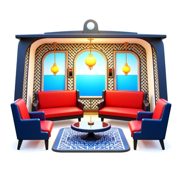 A vintage yacht featuring an art deco inspired salon. The salon is adorned with intricate geometric patterns across the walls and upholstery. The furniture includes luxurious velvet sofas and elegant armchairs, all showcasing sharp lines and bold shapes. Large windows provide views of the water, while ornate lighting fixtures hang from the ceiling, casting a warm glow. Decorative elements like mirrors and gold accents enhance the opulent atmosphere. The floor is covered with a patterned rug that complements the overall design.