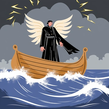 A figure representing "Lucifer" stands confidently at the bow of a ship, dressed in flowing dark garments that ripple with the wind. His wings are elegantly outstretched behind him, catching the stormy winds above. The ship is sturdy and wooden, with detailed carvings on the sides, cutting through tumultuous waves that crash around it. Dark clouds loom overhead, with flashes of lightning illuminating the scene. The ocean is a mix of deep blue and ominous gray, with white foam cresting on the waves. In the background, hints of a distant shoreline are faintly visible through the storm.