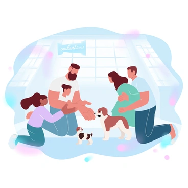 A family stands in an animal shelter, surrounded by various puppies. The family consists of two adults and two children. The adults are kneeling down, reaching out toward a small, fluffy puppy who is excitedly wagging its tail. One child is gently holding the puppy with both hands, while the other child is kneeling beside them, looking at the puppy with delight. The shelter is filled with colorful adoption banners and signs promoting pet adoption. Sunlight is streaming through the windows, creating a warm and inviting atmosphere.