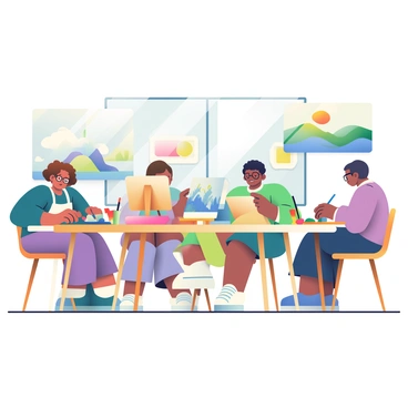 A group of five students is sitting at a large wooden table in an art classroom filled with natural light. Each student has a set of watercolors and is focused on their individual paintings. One student, with curly brown hair, is mixing blue and yellow paints on their palette. Another student, wearing glasses, is painting a landscape with rolling hills in shades of green. A third student, with short black hair, is working on a still life that includes a bowl of fruit. Paintbrushes of various sizes are scattered across the table, and several blank canvases are propped up in front of each student. Bright sunlight filters through the windows, illuminating the colorful artworks displayed on the walls.