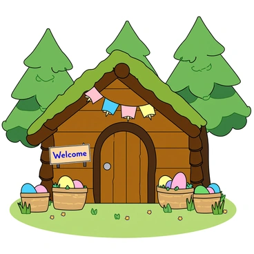 A cozy woodland hut made of brown logs and moss-covered roof sits nestled among tall green trees. The exterior of the hut is adorned with colorful pastel streamers hanging from the eaves, fluttering gently in a light breeze. Surrounding the hut are several woven baskets filled with brightly colored Easter eggs in shades of pink, blue, yellow, and green. The ground around the hut is covered in soft green grass and dotted with tiny wildflowers. A cheerful sign hanging by the door reads "Welcome" in playful letters. The scene conveys a warm and inviting atmosphere, perfect for Easter celebrations.