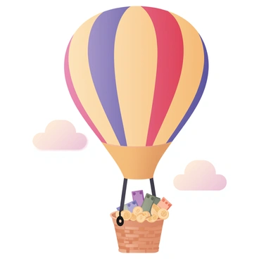 A digital flat illustration featuring a colorful hot air balloon soaring in the sky. The balloon is patterned with bright stripes in red, yellow, and blue. Below the balloon, there is a woven basket made of rattan, filled to the brim with shiny gold coins and assorted colorful banknotes. The coins are gleaming under the sunlight, while the banknotes are fanned out, showing various colors and denominations. The background has a few fluffy white clouds scattered around, enhancing the sense of height and freedom.