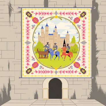 A large tapestry featuring intricate designs and vibrant colors hangs prominently on a rough stone wall of a medieval castle. The tapestry depicts a historical scene with knights in armor, horses, and a grand castle in the background. The patterns within the tapestry include floral motifs and geometric shapes. Shadows from the stone wall create interesting textures around the edges of the tapestry, enhancing its visual appeal. The overall atmosphere is that of a grand medieval setting, with the tapestry serving as a focal point of artistry and culture.