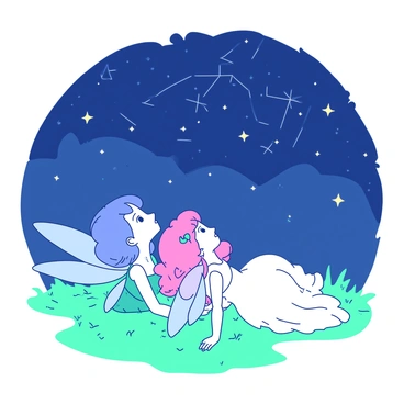Two small fairies with delicate wings are lying on soft green grass, gazing up at the night sky filled with twinkling stars. One fairy has vibrant blue hair and a shimmering teal dress, while the other has bright pink hair and a flowing white gown. The grass around them appears lush and vibrant, and the starlit sky is illuminated with various constellations that form intricate patterns above them. The fairies have expressions of wonder as they take in the beauty of the night.