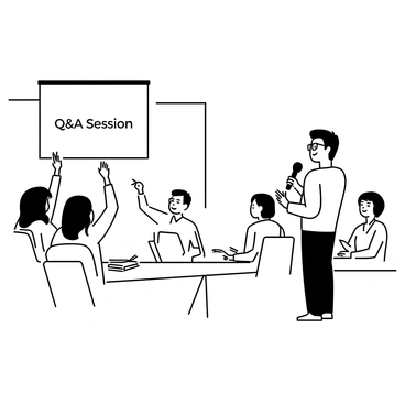 A spacious room filled with seated participants engaged in a question and answer session at the end of a webinar. In the foreground, a man with glasses and short hair is standing, holding a microphone and smiling while addressing the audience. To his left, a woman with long hair is raising her hand with an eager expression, ready to ask a question. Other participants are visible in the background, some leaning slightly forward in their chairs, showing their excitement and involvement. A large screen displaying "Q&A Session" is positioned at the front of the room. Tables with notepads and pens are scattered throughout the space.