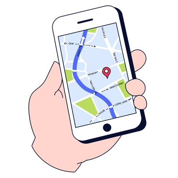 A smartphone displaying an animated map with a bright blue route highlighted. The map includes various street names and a small red location marker indicating the position of a local coffee shop. There are directional arrows showing the intended path to the coffee shop. The smartphone is held in a hand with a neutral background, suggesting a casual setting.