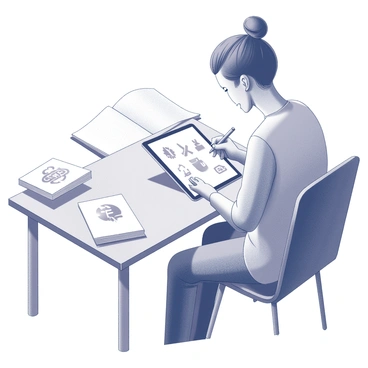 A designer is seated at a modern workspace, focused on sketching a logo concept on a digital tablet. The designer holds a stylus in their right hand, poised above the tablet's screen. The tablet displays abstract shapes and lines that suggest creative elements, with various iconography taking form. The designer, wearing a casual outfit, has a concentrated expression, and there are several design books and sketch pads scattered around the workspace, enhancing the creative atmosphere.