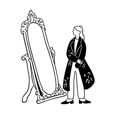 A character standing in front of a large ornate mirror, their reflection visible. The character is wearing a flowing coat with intricate patterns, while the mirror image wears a similar coat but with a different pattern. The character's posture is confident, while the reflection appears more reserved. The mirror frame is elaborately designed, adding to the sense of depth in the scene. The floor beneath them is polished, reflecting the details of both the character and their mirror image.