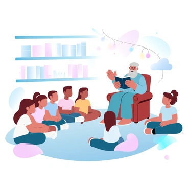 A group of children is seated on a colorful rug, attentively listening to an elder who is sitting on a wooden chair. The elder has gray hair and is holding a book open, animatedly sharing stories. Around the children, there are various cushions in different shapes and sizes, providing comfort. The setting has soft lighting, with a warm glow coming from string lights hanging overhead. In the background, there are shelves filled with books and decorations, creating a cozy atmosphere. A few children are leaning forward, completely engaged, while others are sitting cross-legged with curious expressions.