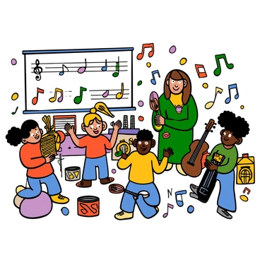 A cheerful music classroom filled with colorful decorations and musical notes on the walls. Several children of diverse backgrounds are engaged in learning syllables. One child with light skin and big eyes is playing a small xylophone, while another child with dark skin and big eyes is holding a tambourine and singing. A girl with medium skin and big eyes is clapping her hands in rhythm, and a boy with curly hair and big eyes is playing a small drum. The teacher, a woman with medium skin and big eyes, is smiling and guiding the children. Instruments such as guitars and recorders are scattered around the room, and a large poster showcasing musical notes is prominently displayed.