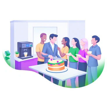 A modern pastel illustration depicting a manager cutting a large cake in an office break room. The cake is layered and decorated with colorful frosting, placed on a white table. Surrounding the table, a group of colleagues is standing, smiling and applauding. The break room features a coffee machine, a potted plant, and light-colored walls, creating a lively atmosphere. The colleagues are diverse in appearance, with some holding paper plates and cups in their hands.