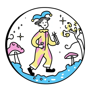 A jester, wearing a colorful outfit with alternating red and green diamond patterns, is stepping through a circular magical portal. The portal is framed by shimmering light and sparkling stars, creating a sense of enchantment. In the background, a whimsical fairy tale world unfolds, featuring oversized mushrooms, twisted trees with vibrant leaves, and a sparkling stream. The jester has a playful expression, with a small bell-topped hat and a lute slung over one shoulder. His shoes are pointed and curled at the toes, adding to his whimsical appearance.