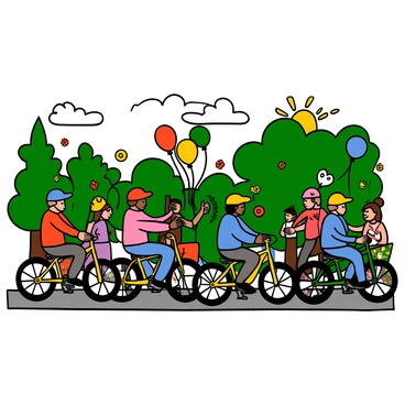 A parade of cyclists riding creatively decorated bicycles, with various vibrant colors and unique designs on each bike. The cyclists include a diverse group of individuals, both men and women, wearing bright helmets and colorful clothing. They are pedaling through a green park filled with trees and flowers. Some bicycles are adorned with balloons and streamers, while others have whimsical themes such as animals or flowers. The sun is shining, and people in the background are watching the parade, adding to the festive atmosphere.