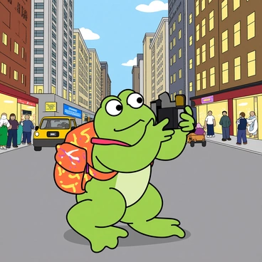 A small, green frog with large eyes and a cheerful expression is exploring a bustling city. The frog is wearing a colorful backpack with cartoon patterns. It is holding a small camera in one of its webbed hands, capturing pictures of the tall buildings and busy streets. The background features various people walking, cars driving, and bright city lights. There are vibrant storefronts and colorful signs all around, adding to the lively atmosphere. The frog looks excited and curious as it documents its adventure in the city.