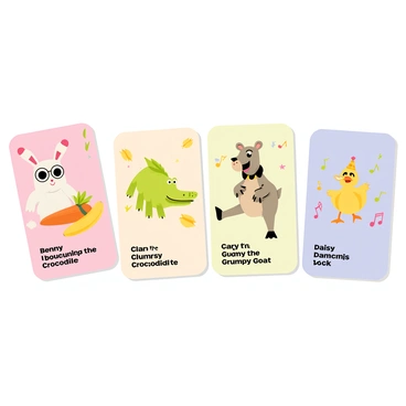 A series of ID cards, each featuring a different cartoon animal. The first card displays "Benny the Bouncing Bunny," with a playful bunny wearing oversized glasses and holding a carrot. The second card presents "Clara the Clumsy Crocodile," depicting a green crocodile slipping on a banana peel, with a big smile on her face. The third card showcases "Gary the Grumpy Goat," featuring a goat with furrowed brows and crossed arms, wearing a tiny party hat. The fourth card highlights "Daisy the Dancing Duck," showing a duck mid-dance with colorful music notes surrounding her. Each ID card has a vibrant background and includes the animal's name and a humorous trait or quote.