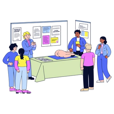 A booth at a wellness fair with a clean and organized layout. There is a table covered with a light green cloth, displaying brochures on cardiac massage techniques. A demonstration area features a life-sized mannequin positioned on a mat, showing the proper placement of hands for cardiac massage. An instructor, shown in a blue shirt, is demonstrating the technique with clear, precise movements. Around the booth, colorful posters provide information about heart health and cardiac massage. Attendees are observing the demonstration, showcasing curiosity and engagement.