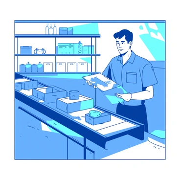 An inspector wearing a blue uniform is standing beside a moving conveyor belt in a factory. The inspector is holding a clipboard in one hand and examining a product with the other hand. The conveyor belt is loaded with various finished products, including boxes and small electronic devices. Bright overhead lights illuminate the workspace, casting clear shadows on the floor. In the background, there are shelves stocked with supplies and containers, indicating an organized production area.