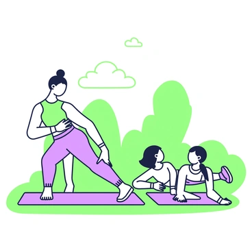 An adult and two children are engaged in a fun family workout session outdoors. The adult stands on one side, demonstrating a plank position, while the children are beside the adult, also holding plank positions on their exercise mats. The children are smiling, showcasing their enjoyment. The setting features green grass beneath them, and in the background, there are a few trees and a clear sky. The adult is wearing a bright workout outfit, and the children are in colorful athletic clothing, creating a lively atmosphere.