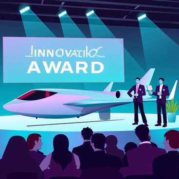 An electric plane with sleek, aerodynamic lines and a shiny metallic surface is positioned on a large stage at an aviation conference. Bright spotlights illuminate the aircraft, highlighting its innovative design and futuristic features like vertical takeoff and landing capabilities. A large banner in the background reads "Innovation Award" in bold letters. The audience, a diverse group of people in formal attire, is seated and watching with interest. Several individuals are standing near the plane, holding trophies and smiling as they prepare to present the award. The stage is decorated with plants and high-tech displays showcasing the future of aviation technology.