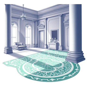 An expansive palace interior featuring an intricate pattern of "emerald marble flooring." The flooring showcases a detailed design with swirling motifs and interlacing shapes. The palace walls are adorned with elaborate moldings, and grand pillars rise majestically, enhancing the opulence of the space. Decorative elements, such as ornate chandeliers hanging from the ceiling and plush carpets, complement the luxurious atmosphere. Elegant furniture pieces are strategically placed, contributing to the overall sophistication of the palace.
