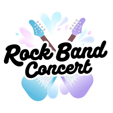 A matchbook cover features the words "Rock Band Concert" prominently in bold letters. The background is filled with gradient pastel colors that transition smoothly into each other. In the center, two electric guitars are crossed, one in a vibrant blue and the other in a vivid purple. Above the guitars, colorful stage lights are depicted shining down, creating a dynamic atmosphere. The matchbook cover is designed to evoke excitement and energy, suitable for a live music event.