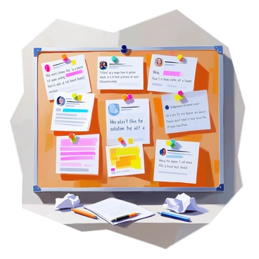 A bulletin board filled with a variety of tweets related to a current event, showcasing different perspectives. Each tweet is pinned with colorful thumbtacks, and the text is clearly visible. Some tweets express support, featuring phrases like "We need change," while others convey disagreement with statements like "This isn't the solution." Different colors and fonts are used in the tweets to emphasize differing opinions. The background of the bulletin board is a wooden texture, adding to the tactile feel of the scene. A few crumpled papers and pens lie scattered around the base, suggesting ongoing discussions and the lively exchange of ideas.