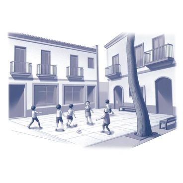 A small courtyard filled with children engaging in playful activities. The children are joyfully kicking and throwing a ball among themselves. Surrounding the courtyard are several buildings, showcasing intricate architectural details, such as wrought iron balconies and stone facades. The ground of the courtyard is paved with cobblestones, and there are a few scattered benches where an adult can be seen observing the children. A tree with a thick trunk is positioned in one corner, providing some shade as the children enjoy their game.
