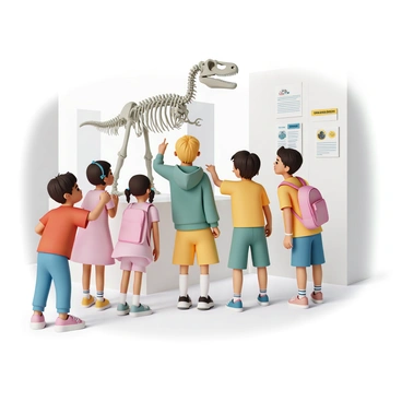 A group of six children, four boys and two girls, are standing in a brightly lit museum hall. Each child is wearing colorful clothing: one boy has a red t-shirt and blue jeans, another boy wears a green hoodie and shorts, a girl in a pink dress holds a backpack, while another girl wears a yellow shirt and has pigtails. They are all gazing wide-eyed at a large dinosaur skeleton exhibit in front of them. The children are pointing at the skeleton, with expressions of amazement on their faces, while some are whispering to each other, sharing their excitement about what they see. The museum walls are adorned with educational posters about prehistoric life, adding to the atmosphere of discovery.