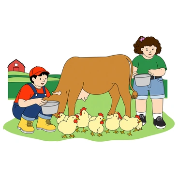 Two children, a boy and a girl, are working on a bright, sunny farm. The boy has short black hair and is wearing a red cap, blue overalls, and yellow rubber boots. He is crouched down, holding a small bowl of grain and feeding a group of fluffy yellow chickens that are pecking eagerly at the ground. The girl has curly brown hair tied back with a pink ribbon, and she is dressed in a green t-shirt and denim shorts. She is standing beside a gentle brown cow, holding a metal bucket under the cow's udder as she carefully milks it. In the background, there are green fields and a red barn, adding to the lively farm atmosphere.