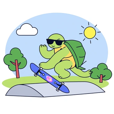 A turtle with a green shell and a smooth, shiny surface is wearing dark sunglasses. The turtle is mid-air, performing a trick on a skateboard. The skateboard has colorful graphics on its underside. The turtle is in a park with a grassy area and a few trees in the background. There is a concrete skate ramp nearby, enhancing the park atmosphere. The sun is shining, and there are a few fluffy clouds in the blue sky above.