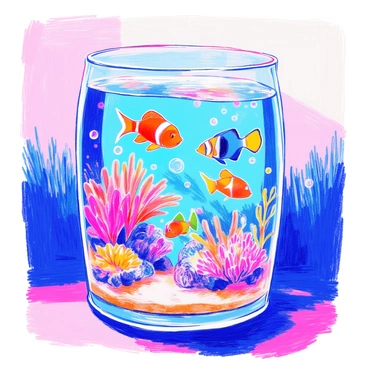 An aquarium scene features a clear glass tank filled with water. Inside the tank, several colorful fish, such as orange clownfish, blue tangs, and yellow guppies, dart swiftly through the water. They create small bubbles as they swim, which rise to the surface. The tank is adorned with vibrant corals and aquatic plants, providing a natural habitat for the fish. The background shows a soft, diffused light illuminating the water and highlighting the fish's vivid colors.