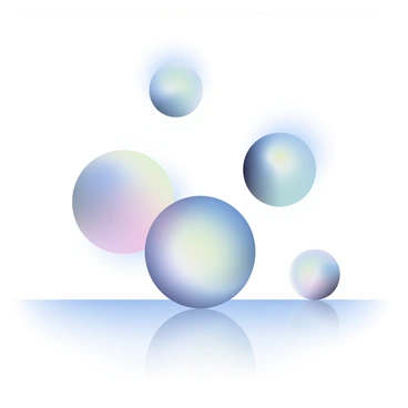 Several large orbs in various sizes hover above a smooth, reflective surface. The orbs are translucent, displaying a soft gradient of colors ranging from deep blue to soft lavender. Beneath them, the reflective surface mirrors their shapes and hues, creating a sense of depth. The area surrounding the orbs is filled with a subtle mist, enhancing the surreal atmosphere. Soft light filters in from an unseen source, casting gentle shadows of the orbs onto the surface below.