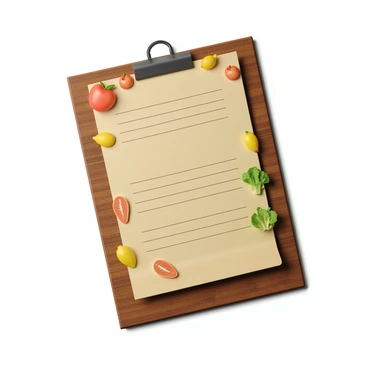 A rustic notepad with a textured wooden surface, featuring a list written in neat handwriting. The notepad is surrounded by colorful doodles of various fruits and vegetables. There are illustrations of red apples, ripe bananas, bright yellow lemons, and leafy green lettuce. The doodles are scattered around the edges of the notepad, adding a playful touch to the overall composition. The background is softly lit, enhancing the warm tones of the rustic notepad.