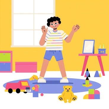 A young child with curly brown hair is imitating a "thread-the-needle" pose in the center of a colorful playroom. The playroom has bright walls painted in shades of yellow and blue. Around the child, there are various toys scattered on the soft, multicolored carpet, including a red toy truck, a yellow teddy bear, and a blue building block set. A small table is visible in the background, with a set of crayons and a drawing pad. The child is smiling and wearing a striped shirt with bright colors, showcasing a playful expression while engaging in the pose.