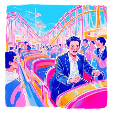 A man with short black hair and wearing a dark suit is sitting in a rollercoaster cart. He has a wide smile on his face, clearly laughing and enjoying the thrill of the ride. The rollercoaster is colorful and twisting, with high loops and steep drops. In the background, there are bright carnival lights and a crowd of people observing the excitement. Some onlookers are also laughing and pointing at the rollercoaster as it races past. Above, a clear blue sky adds to the cheerful atmosphere of the amusement park.