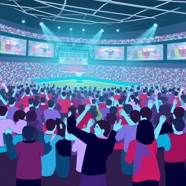 A packed stadium filled with enthusiastic spectators, all cheering and waving their arms in excitement during an intense esports tournament. The crowd is diverse, with people of various ages and backgrounds, some wearing team jerseys and holding banners. Large screens display the tournament matches, showcasing vibrant graphics and game action. The lighting in the stadium is bright and colorful, adding to the electrifying atmosphere. Some spectators are focused on their mobile devices, while others are standing and shouting, creating a lively and dynamic scene.