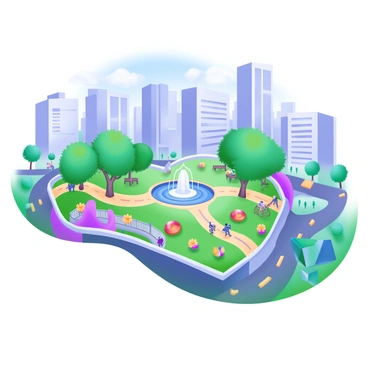 A heart-shaped park occupies the center of a bustling cityscape, surrounded by tall buildings and busy streets. Lush green grass covers the park, dotted with colorful flower beds in vibrant shades of red, yellow, and blue. People of diverse backgrounds stroll along winding pathways, some sitting on benches under large trees that provide shade. In the center of the park, there is a fountain with water gently cascading, and nearby, children play joyfully on a playground. Skyscrapers rise majestically in the background, reflecting the sunlight. A clear blue sky stretches overhead, with a few fluffy white clouds.