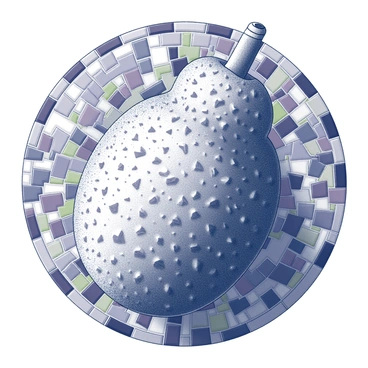 A mosaic art piece featuring a large jackfruit at its center. The jackfruit is detailed with various geometric shapes representing its textured skin, showcasing an intricate pattern. Surrounding the jackfruit are vibrant tiles in diverse sizes and shapes, forming a rich background that enhances the visual impact. The overall composition of the mosaic creates an eye-catching display, emphasizing the unique qualities of the jackfruit.
