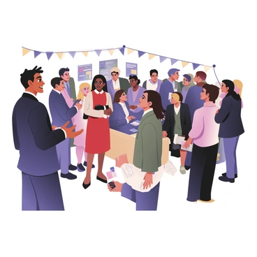 A digital flat illustration depicting a lively networking event filled with diverse individuals engaged in conversation. On the left, a man with light brown skin and short curly hair is wearing a navy suit and a white shirt, holding a business card in his right hand, while his left hand gestures as he speaks. Next to him, a woman with dark skin and long straight hair is dressed in a red dress with a black blazer, smiling as she takes a business card from him. In the background, several groups of people are interacting, with some exchanging business cards, while a table in the corner displays an array of colorful business cards. The setting is bright, with decorations of blue and gold colors adding to the vibrant atmosphere.