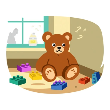 A small, vintage teddy bear with a faded brown color sits in a dusty corner. The bear has one button eye and a frayed ear, showcasing years of wear. Dust motes float in the sunlight filtering through a nearby window, illuminating the surrounding area. The ground is covered with fine dust, and there are old, colorful building blocks scattered around the bear, hinting at playful moments gone by. In the background, faint outlines of toys can be seen, obscured by dust and shadows.