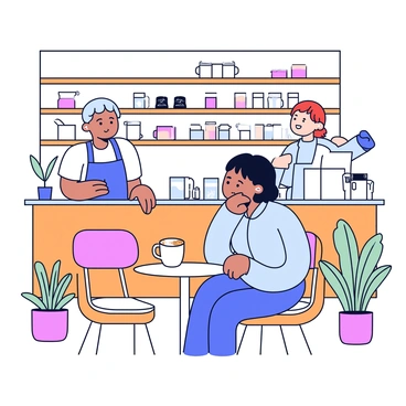 A coffee shop interior with warm wooden furniture and soft lighting. In the center, a person wearing a light blue denim blouse is sitting at a small round table. They are holding a white cup filled with a latte, which has a delicate foam art on top. There is a backdrop of shelves lined with various coffee beans and mugs, and a barista is visible behind the counter preparing drinks. A few plants are placed around the shop, adding a touch of greenery.